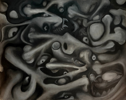 Abstract black and white artwork with distorted faces and organic shapes
